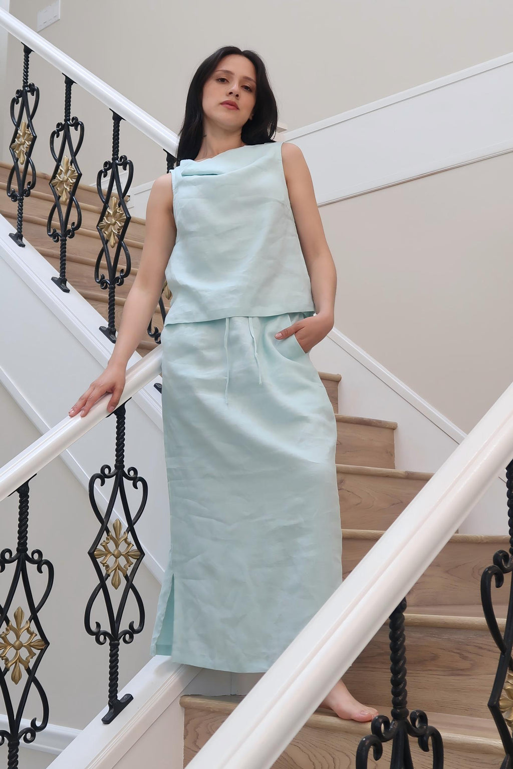 Two-Piece Set | Cowl Neck Tank & Midi Skirt | 100% Linen