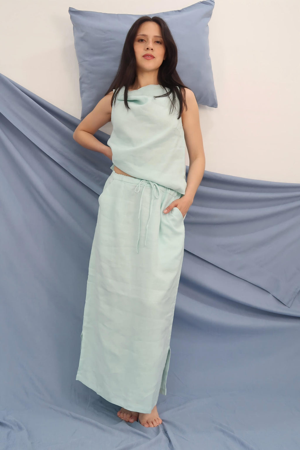 Two-Piece Set | Cowl Neck Tank & Midi Skirt | 100% Linen