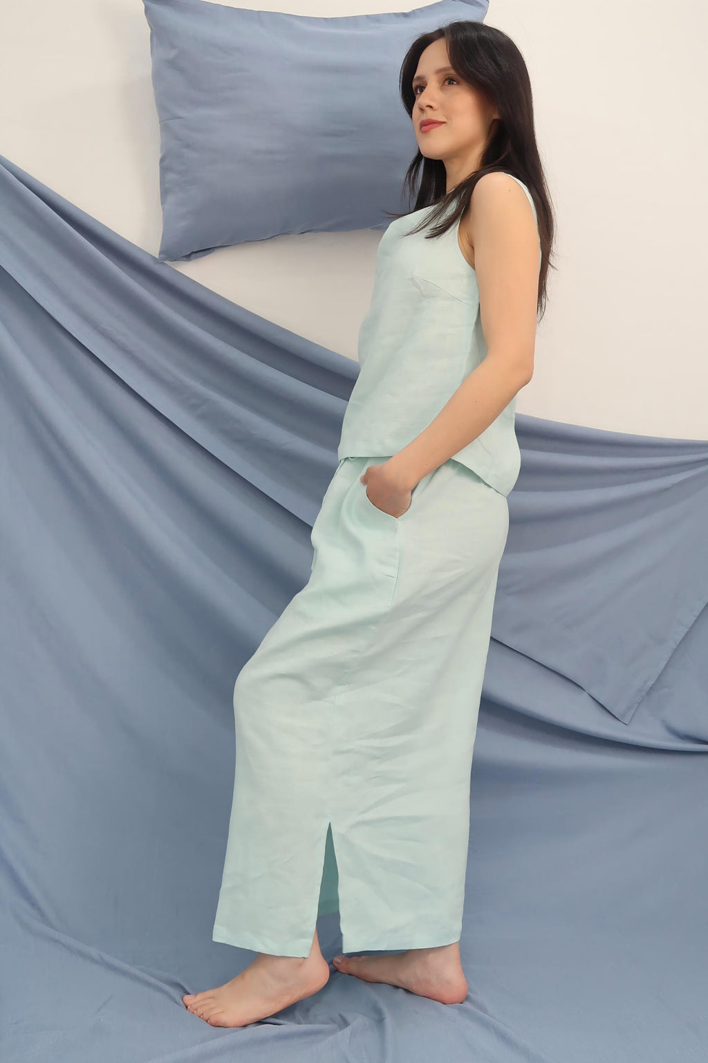 Two-Piece Set | Cowl Neck Tank & Midi Skirt | 100% Linen