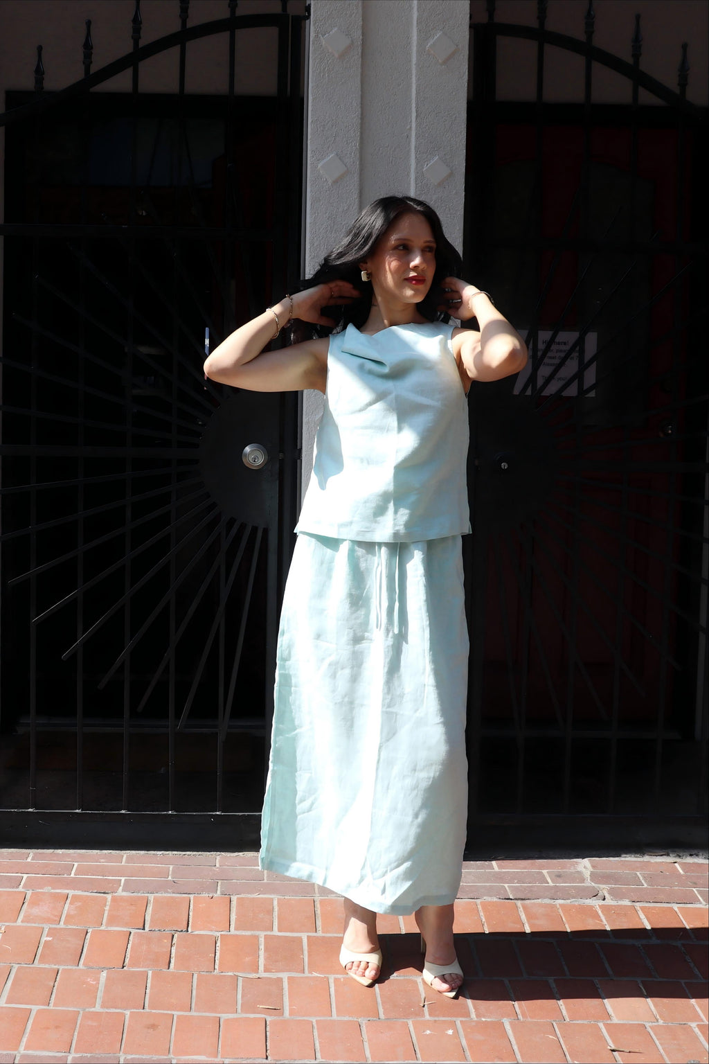 Two-Piece Set | Cowl Neck Tank & Midi Skirt | 100% Linen